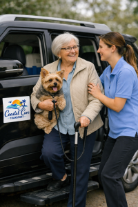 🐾 Freedom to care — together with your pets! At Coastal Care Transport, we believe independence means bringing along what matters most — even your furry friends.  Whether you’re heading to the vet, visiting family, or simply enjoying a day out, our team 